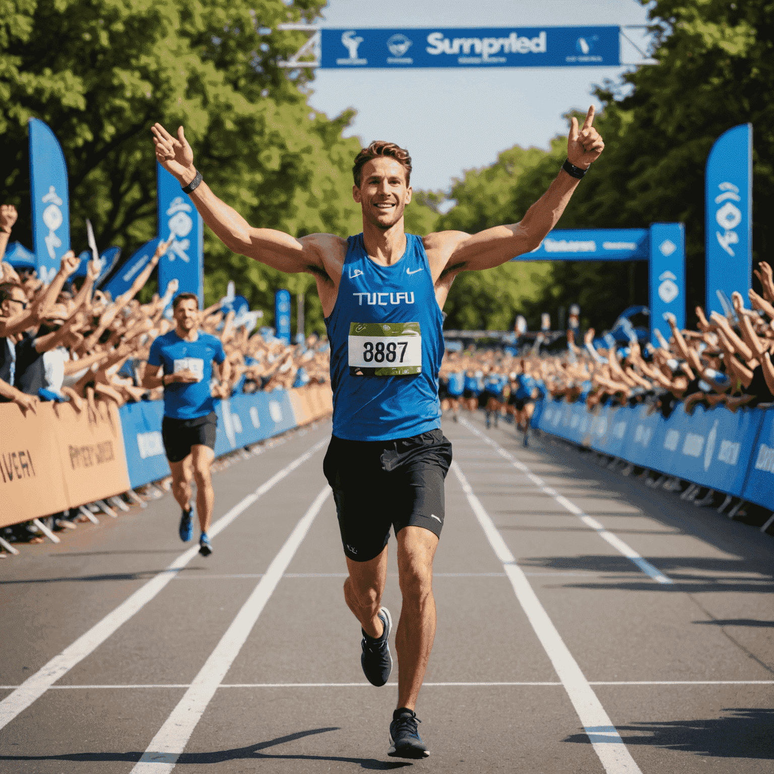 A runner crossing the finish line with arms raised in victory, symbolizing unlocked athletic potential