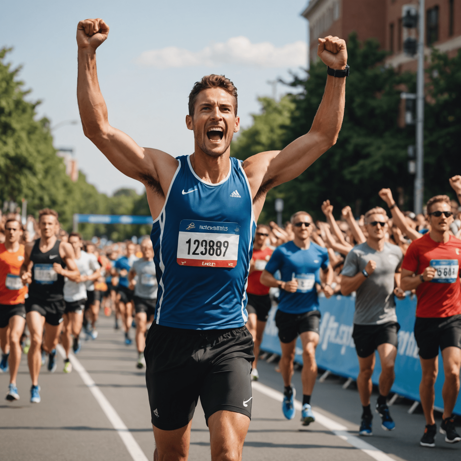 A runner crossing the finish line with arms raised in victory, symbolizing unlocked athletic potential