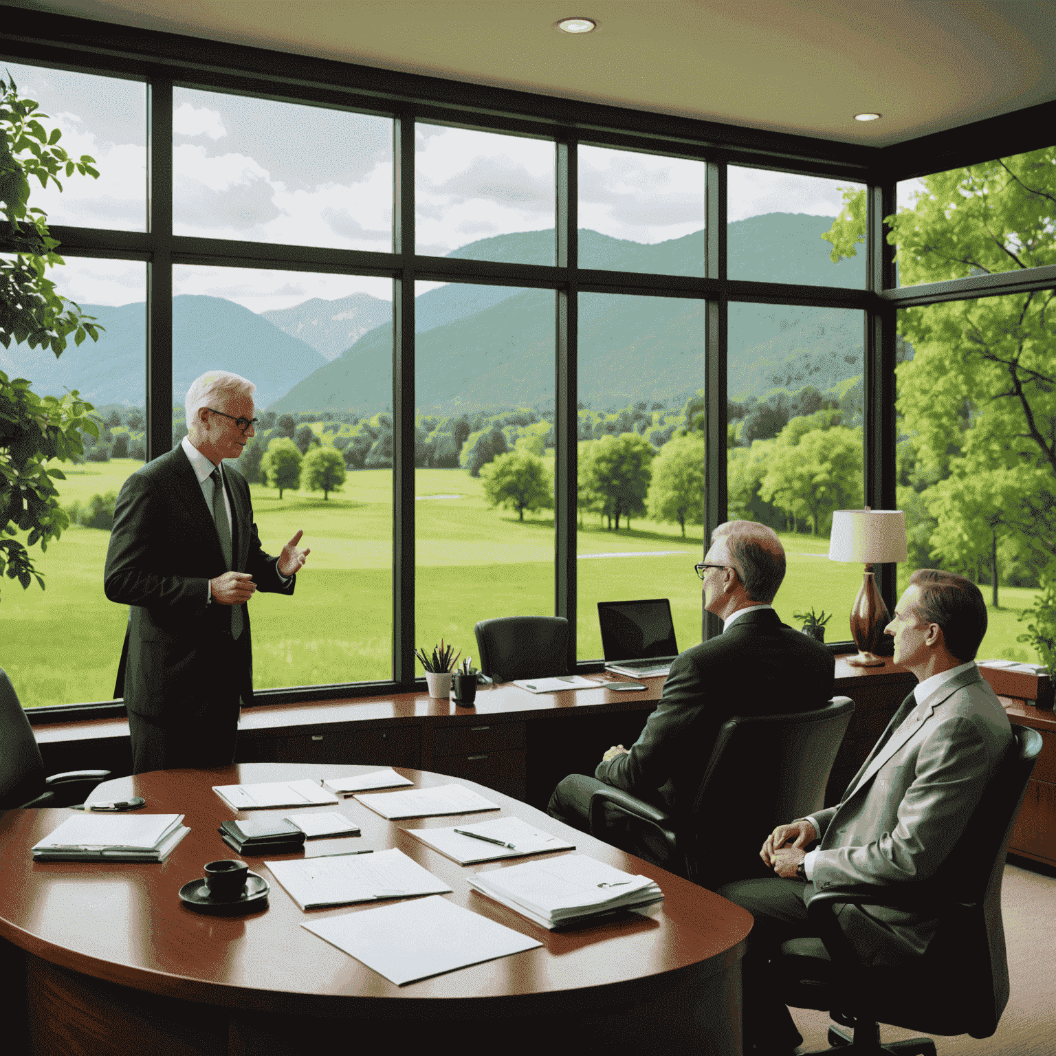 A serene office setting with a coach and executive discussing leadership strategies. The room has large windows overlooking a lush green landscape, symbolizing growth and potential.