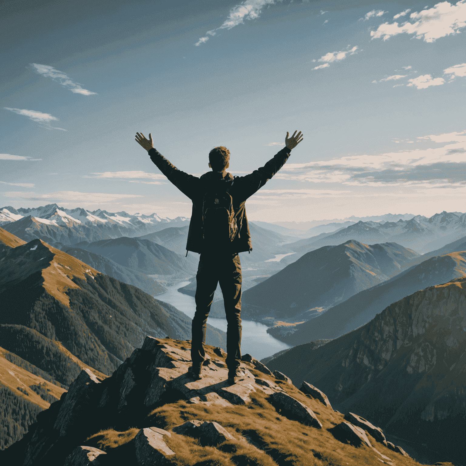 A serene landscape with a person standing on a mountain top, arms outstretched, symbolizing personal growth and achievement through high performance coaching