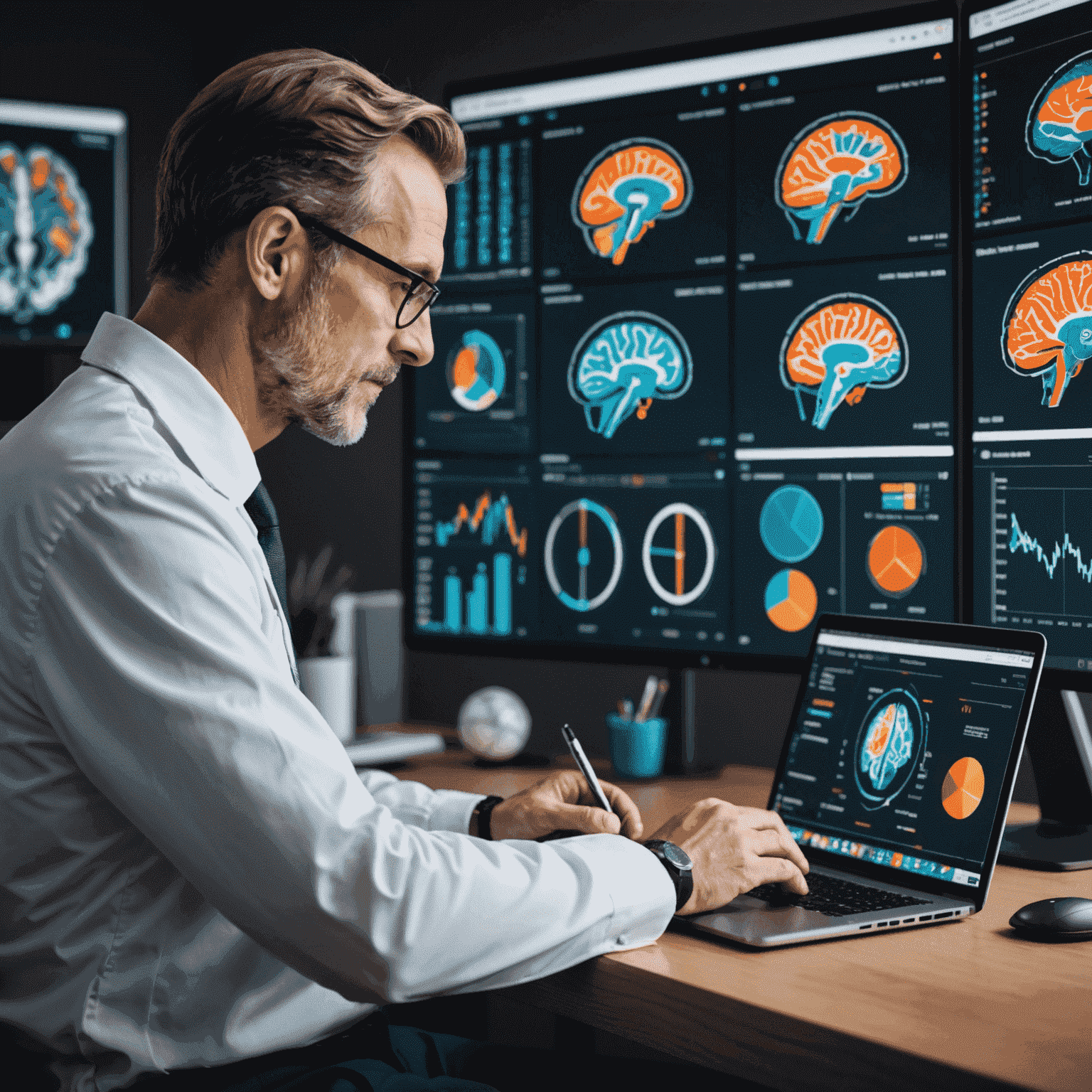 A scientist analyzing brain scans and performance data of athletes and executives, showcasing the scientific approach to High Performance coaching