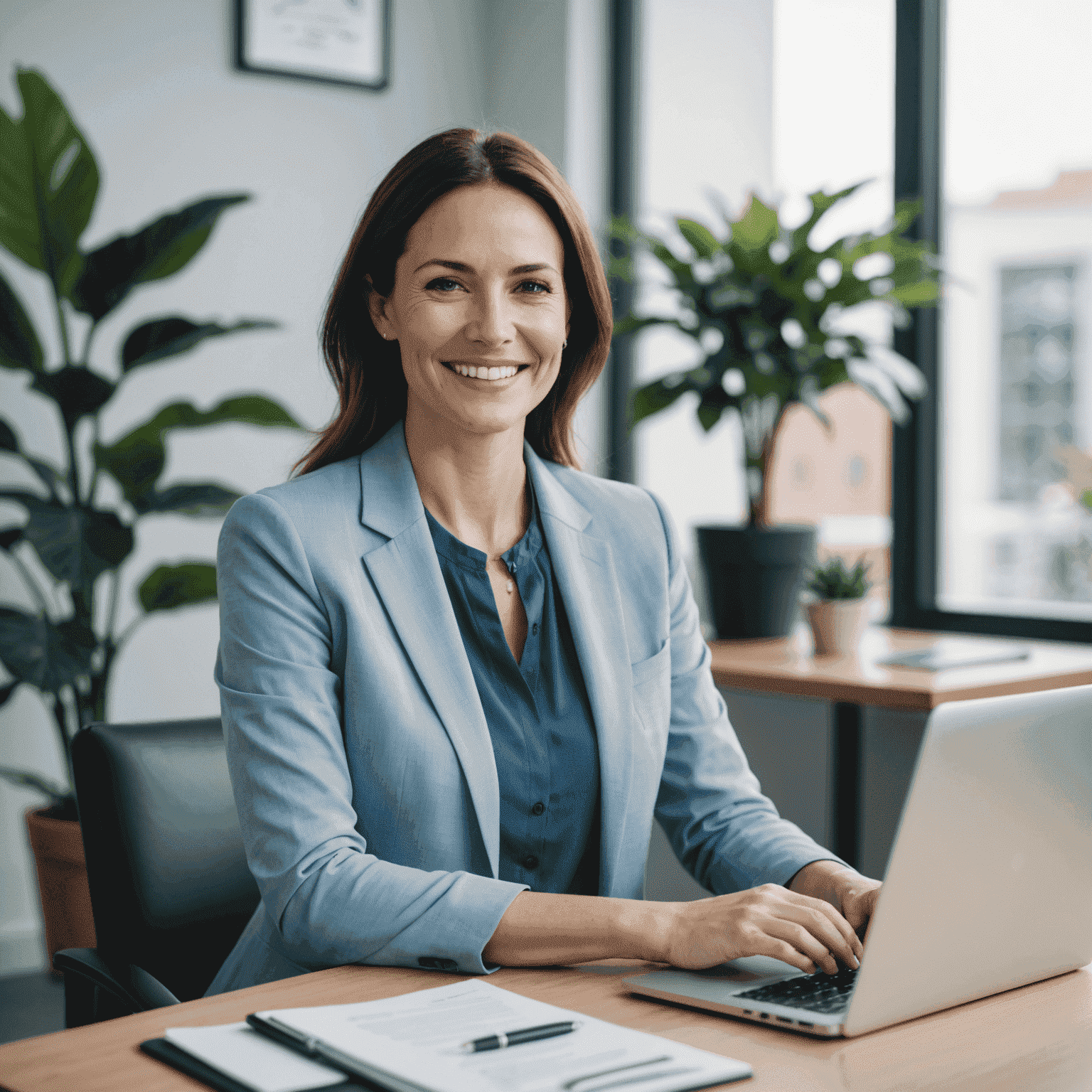 A smiling woman in her 30s, looking relaxed and confident in a serene office setting. She's wearing professional attire in calming blue tones, sitting at a desk with a laptop and a potted plant nearby.