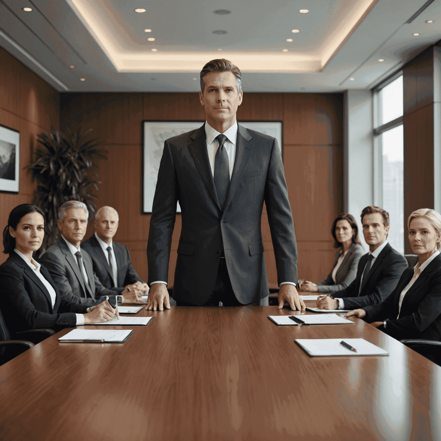 A confident executive standing at the head of a boardroom table, leading a meeting with authority