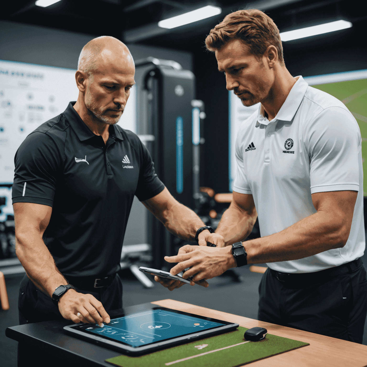 A coach working one-on-one with an athlete, analyzing their form and providing personalized feedback. The image shows a mix of high-tech equipment and hands-on coaching.