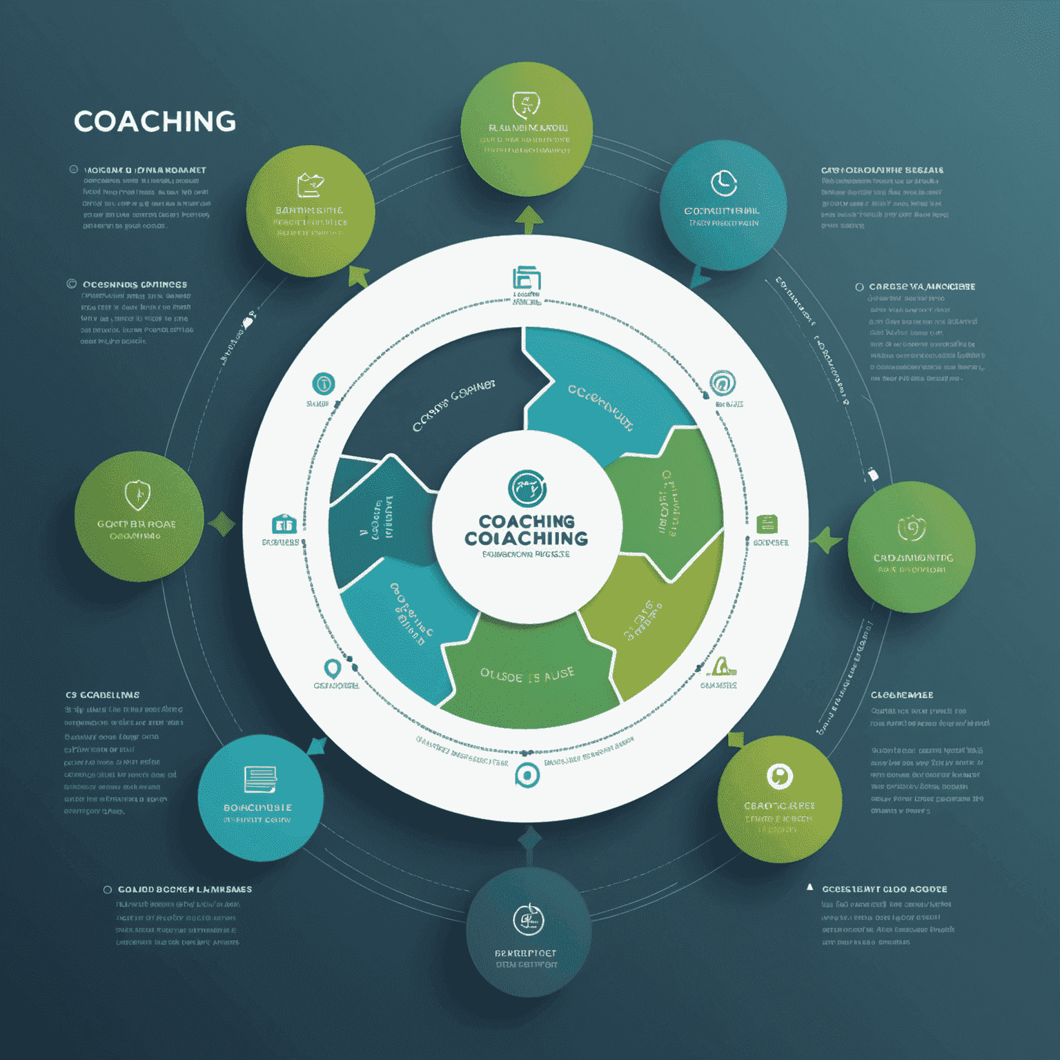 A visual representation of the coaching process, showing a circular diagram with the six steps mentioned above. The image uses calming blue and green tones, reflecting the website's color scheme.