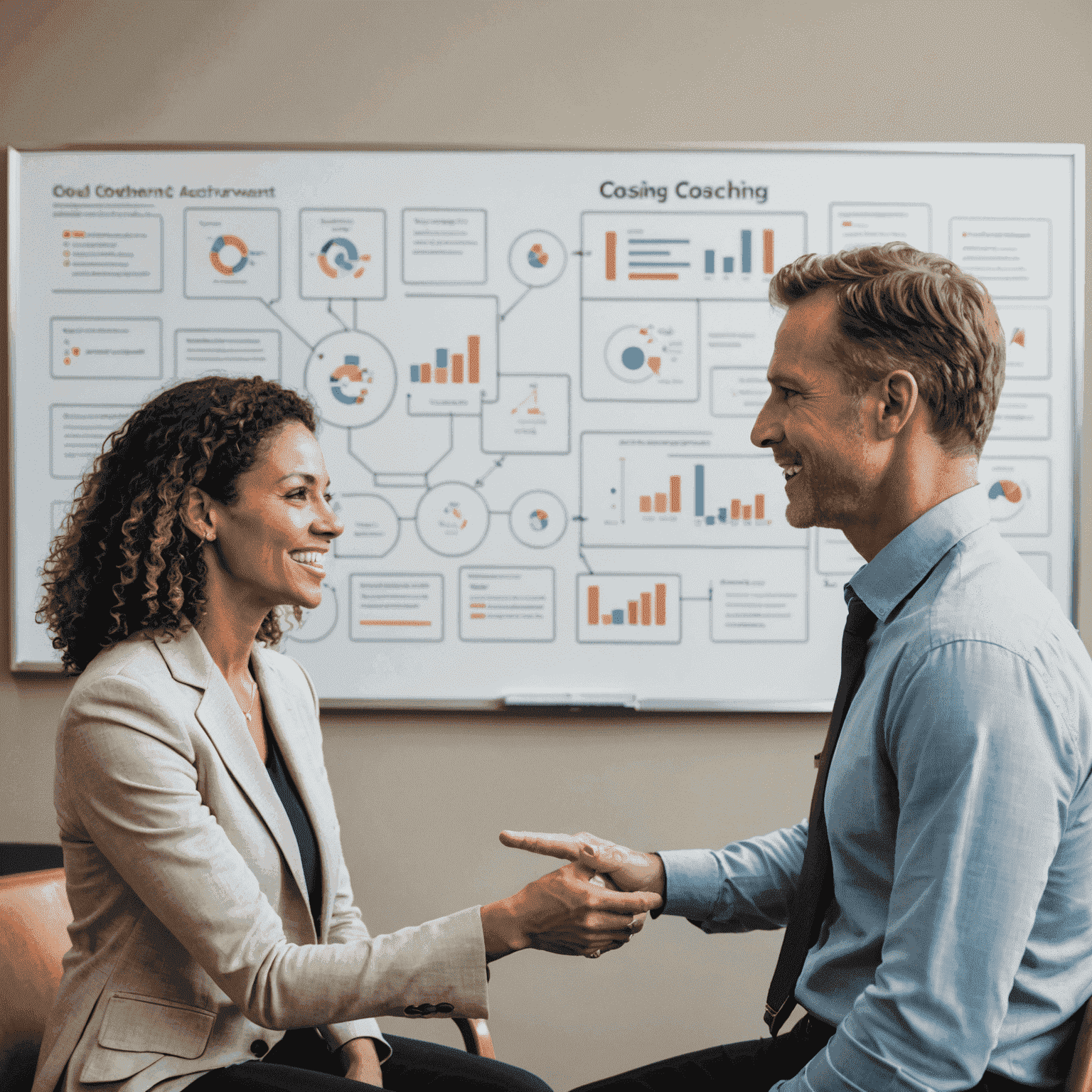 A coach and client engaged in a dynamic conversation, surrounded by visual representations of goals and achievements, illustrating the accountability aspect of high performance coaching