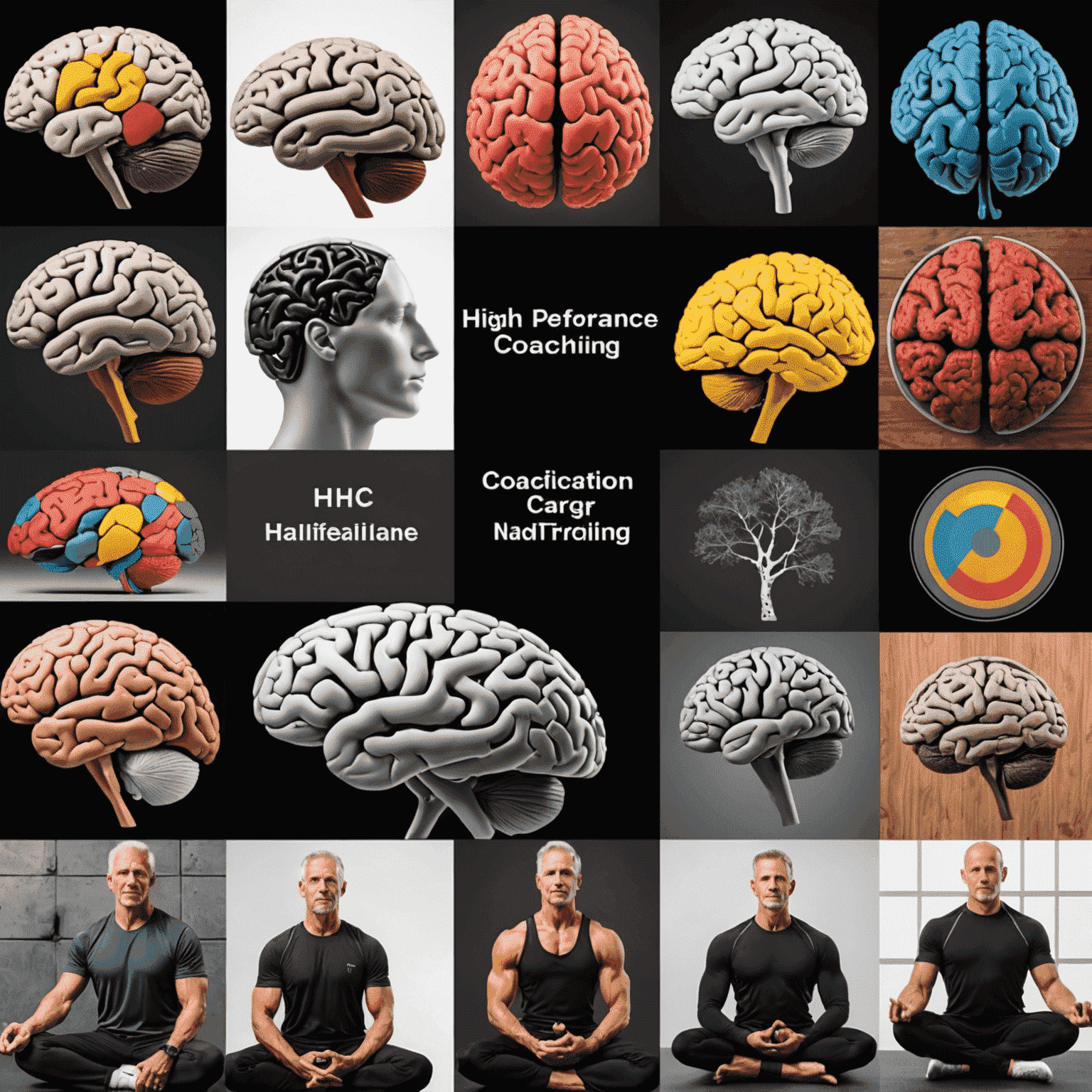 A collage showing various aspects of High Performance coaching: brain scans, meditation practices, nutrition plans, and physical training