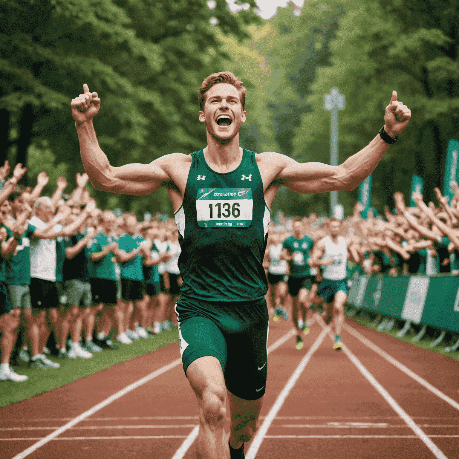 A determined athlete in his 20s crossing a finish line with arms raised in victory. He's wearing running gear in forest green, surrounded by a cheering crowd in a stadium setting.