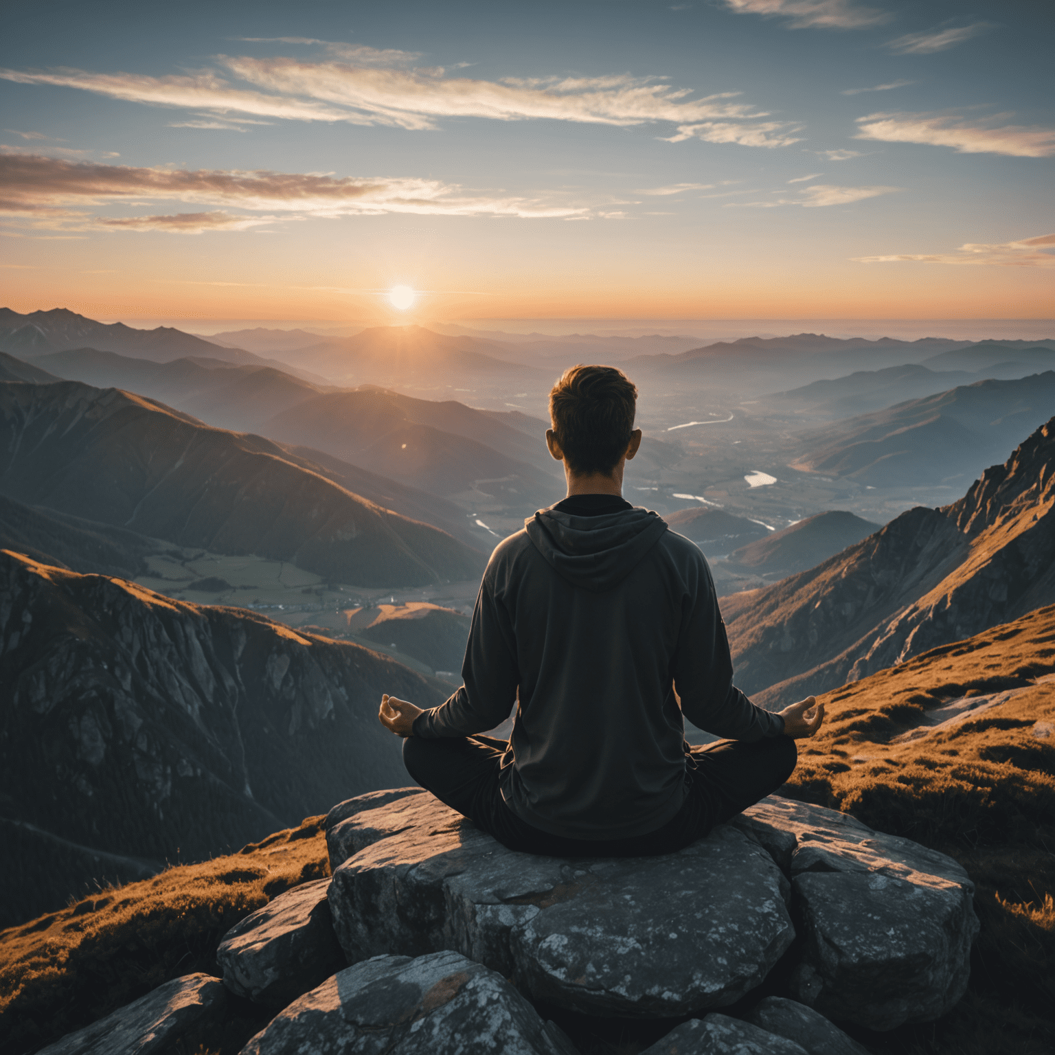 A person meditating on a mountaintop at sunrise, representing personal growth and transformation