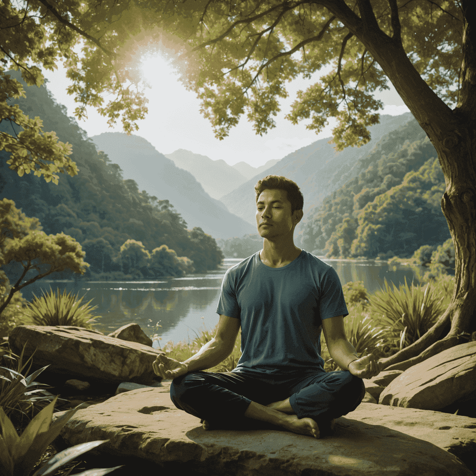 A person meditating in a serene natural setting, representing personal growth and transformation