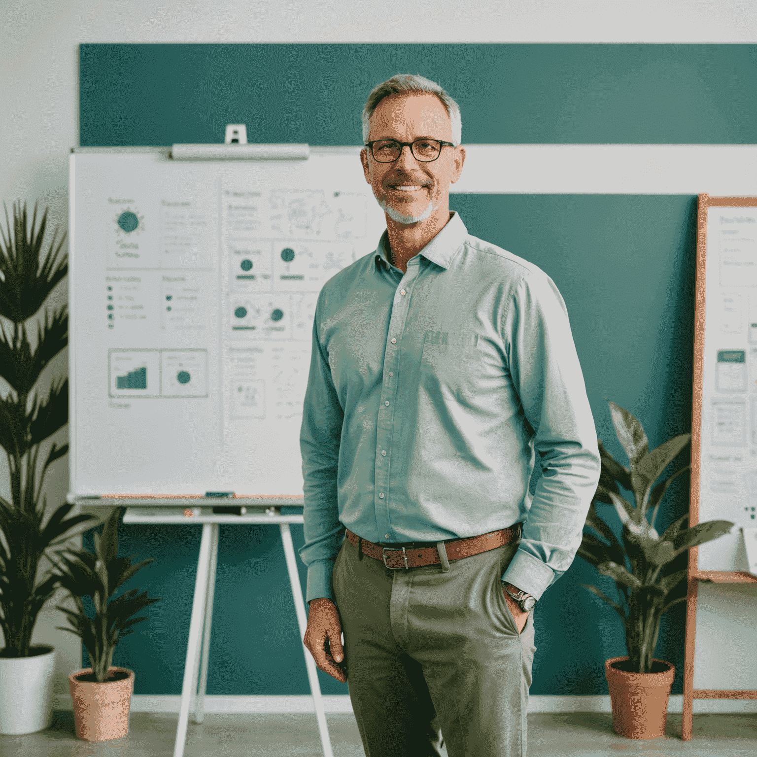 A confident middle-aged man in casual business attire, standing in front of a whiteboard filled with creative ideas. The room has a startup vibe with plants and modern furniture in sage green and teal.