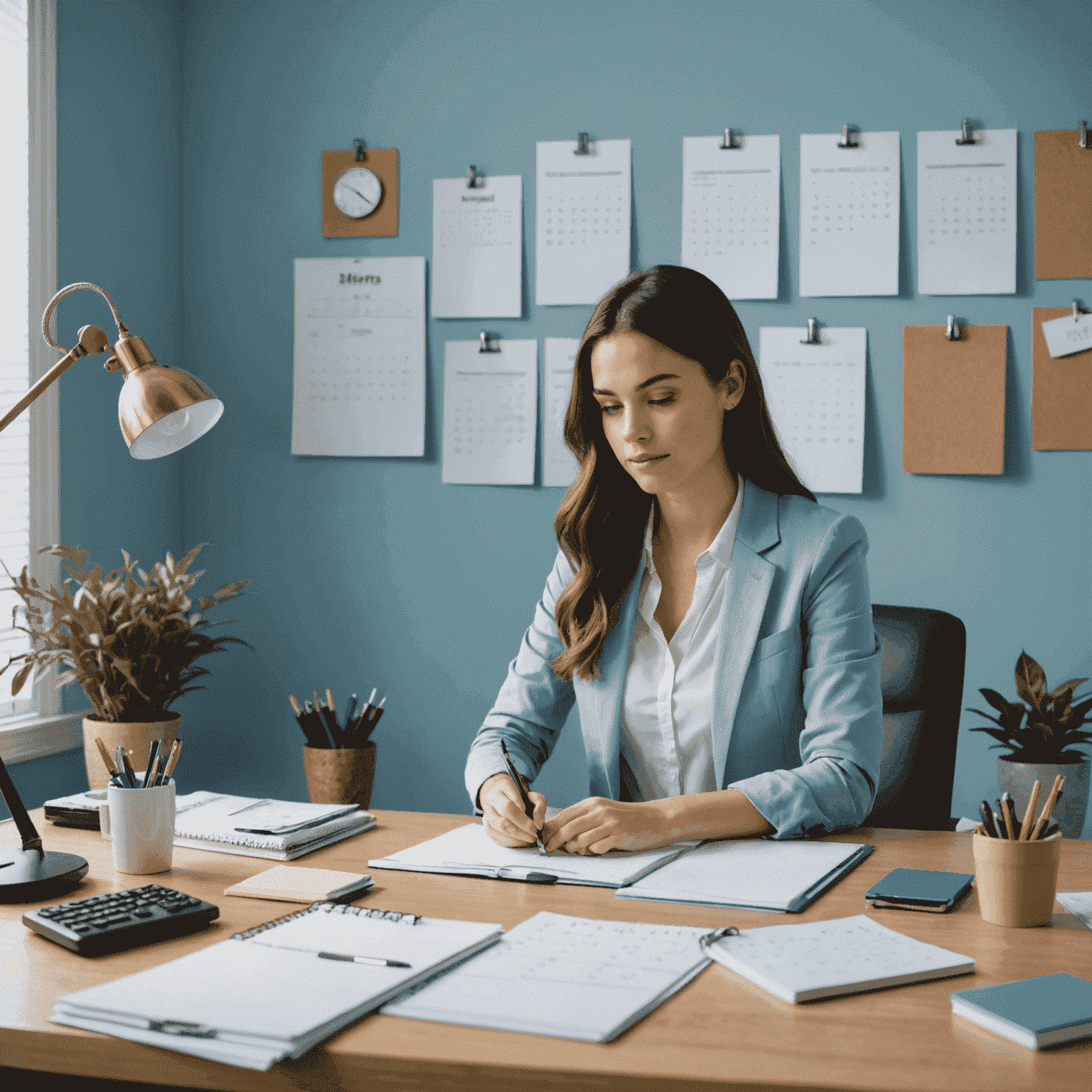 A young woman in her late 20s working efficiently at a well-organized desk. She's surrounded by completed tasks, a calendar, and productivity tools. The room has a calm atmosphere with soft blue walls and natural light.