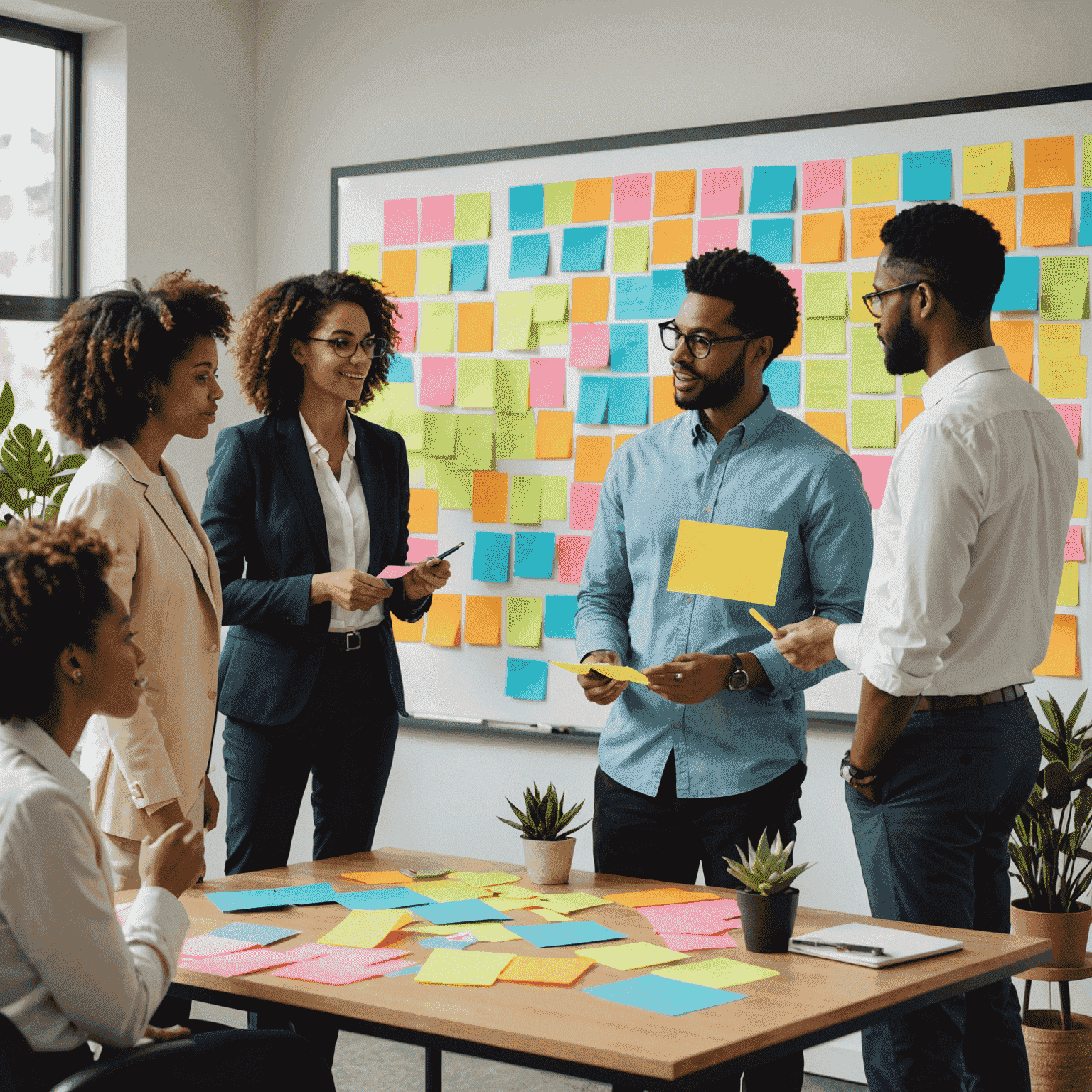 A diverse group of professionals engaged in a collaborative workshop. They're using colorful sticky notes on a large board, dressed in business casual attire. The room has a modern, open layout with plants and natural elements.